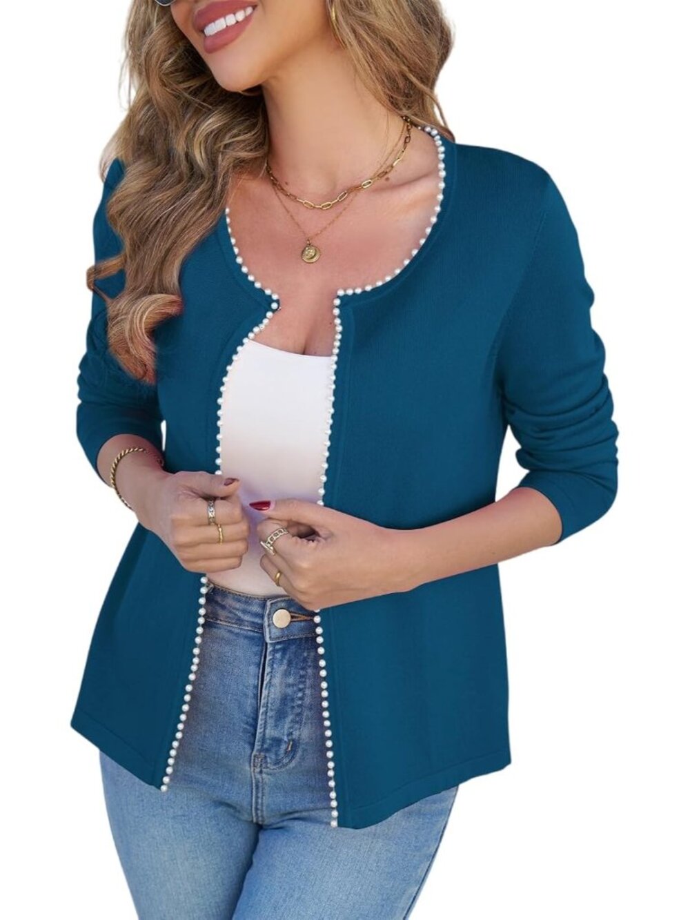 Women's Blue Lightweight Open Front Sweater Cardigan Pearls Trim Knit Jacket